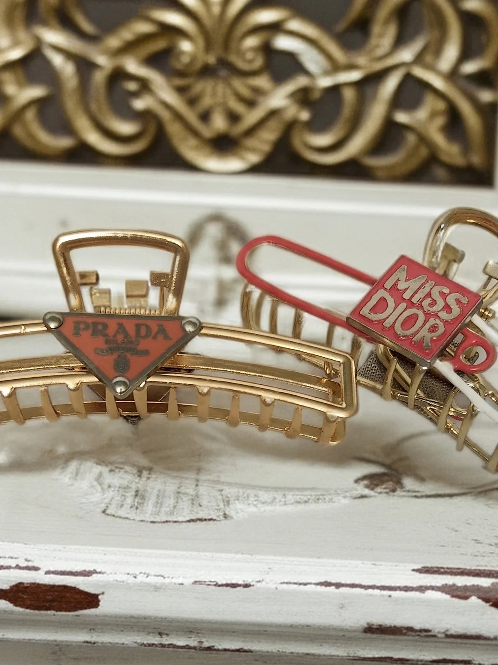 Dior Pink & Gold Hair Clip w/ Prada Logo Clip. Metal Hair Claws For Tight Hold